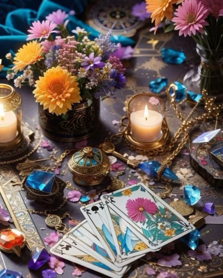 Cartes de tarot, bougies et fleurs sur la table de consultation d’Ariane